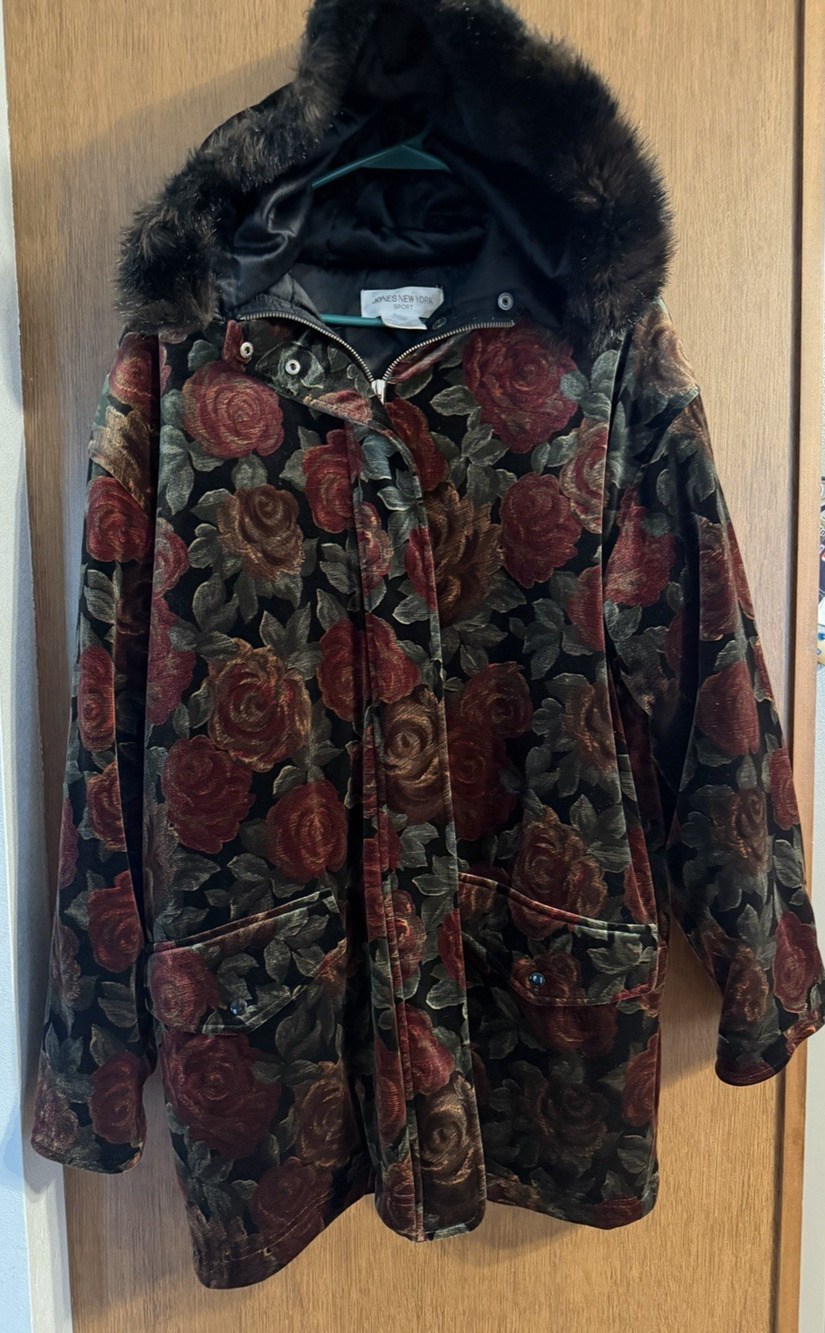 Jones New York Sport Vintage Y2K Floral burnout Velvet Zip-Up Coat faux Fur 1x